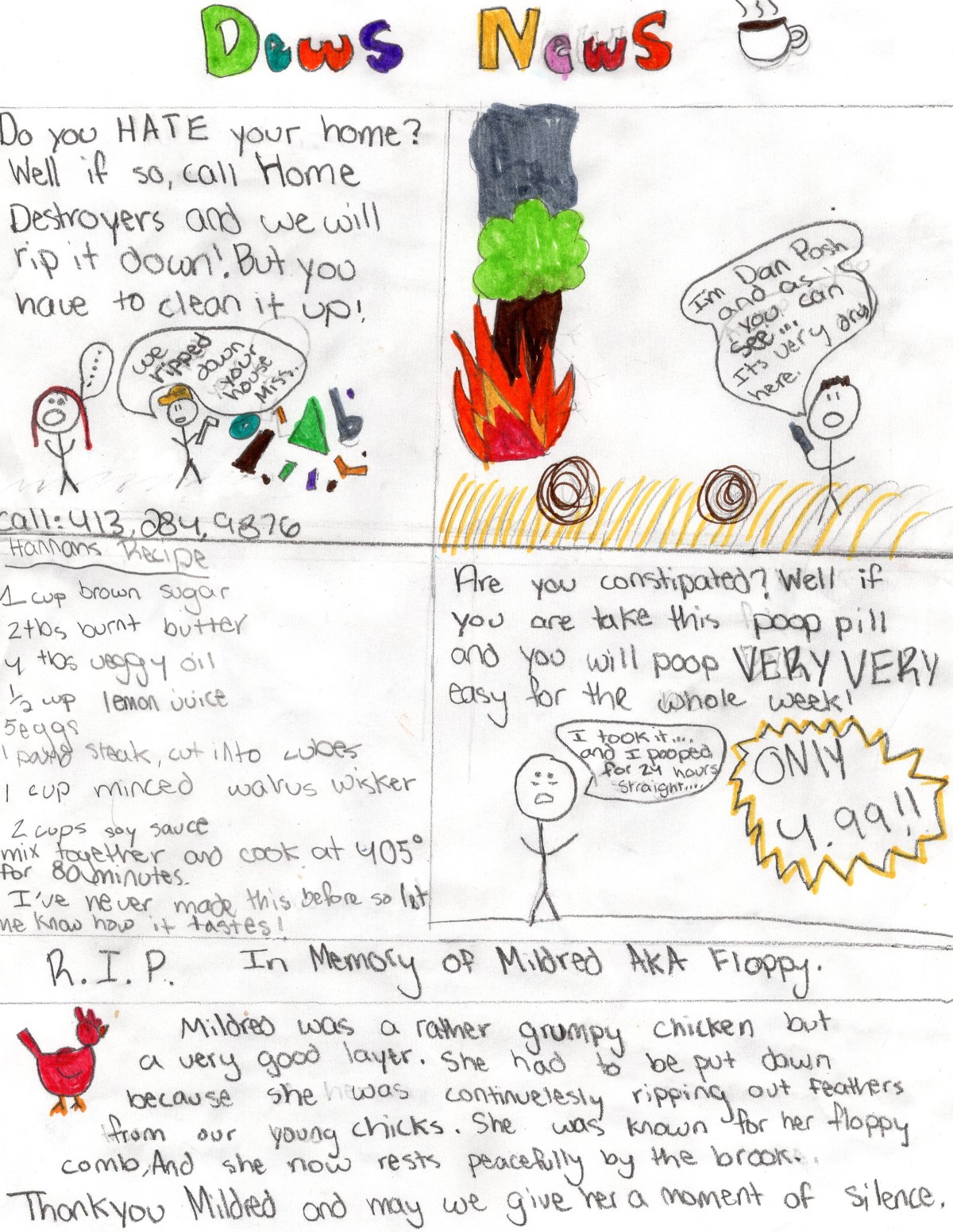 Mildred's Obituary, house detroyers, fire, and recipes